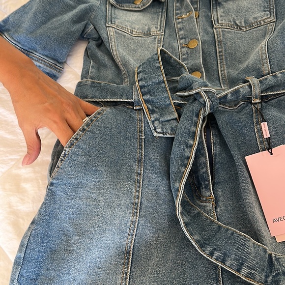 Avec Les Filles Puff Sleeve Denim Romper Shorts Size XS Blue - Picture 10 of 16